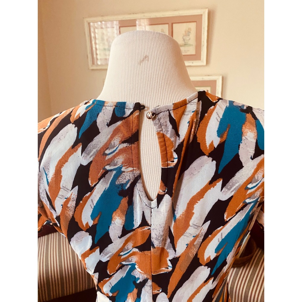 Ember dress med Brushstroke Flutter Sleeve Midi Rust Teal Blue Slit Mesh Overlay - Picture 7 of 7
